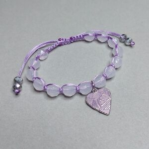 Purple Textutured Heart Charm Cloudy White Beads Woven Adjustable Bracelet